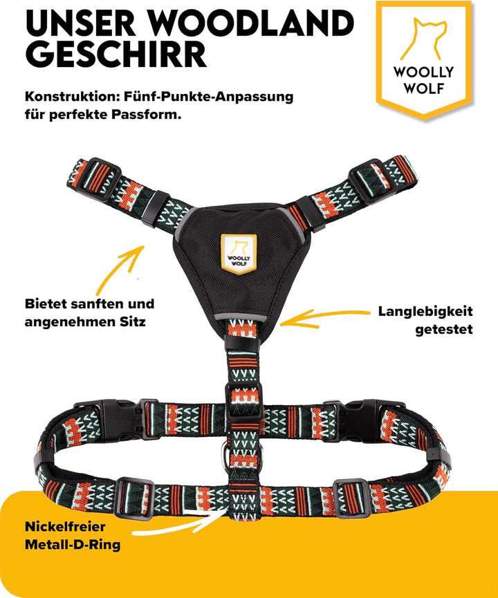 Woolly Wolf Woodland Hundegeschirr für grosse Hunde L – Geschirr mit Reflektoren & 5-Punkt-Anpassuns