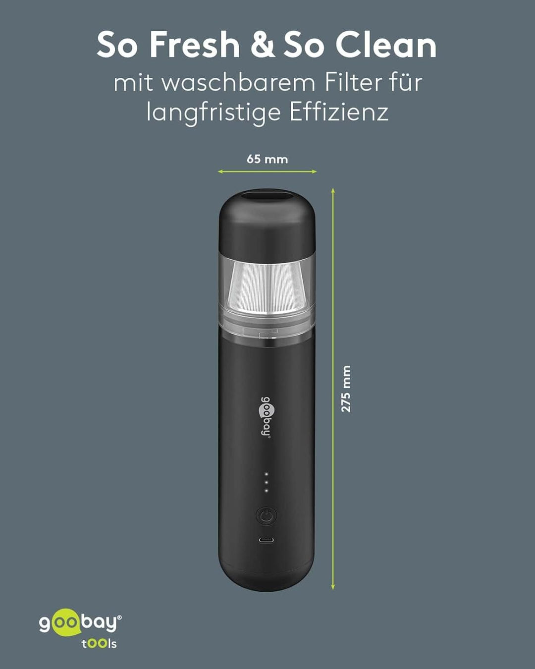 goobay Mini-Staubsauger Superior/Akku-Handstaubsauger für Auto, Haus, Wohnmobil, 120W, 7 Düsen, 3 Bü