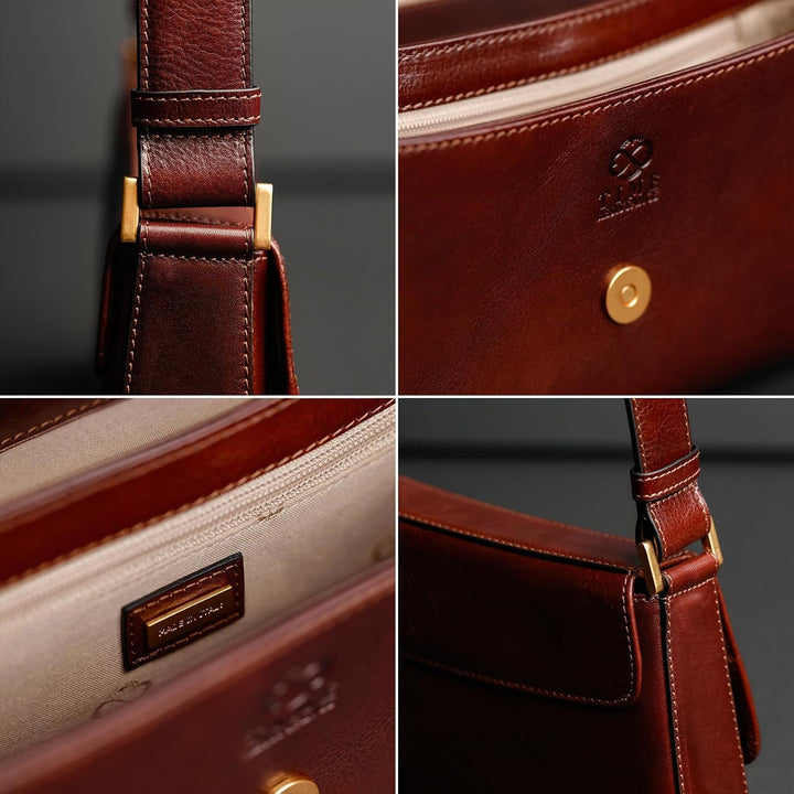 Time Resistance Lederhandtasche - Geldbörse aus Vollnarbenleder für Damen - Umhängetasche Braun, Bra