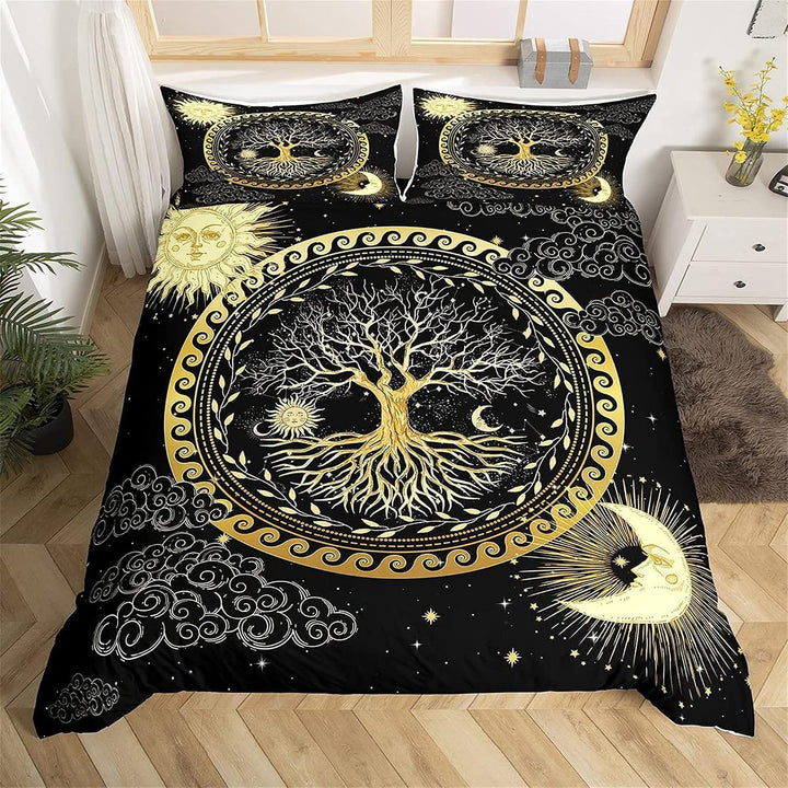 feelingyou Baum des Lebens Bettwäsche-Set,Sonne und Mond Boho Bettwäsche Set 200x200cm,Exotische Pfl
