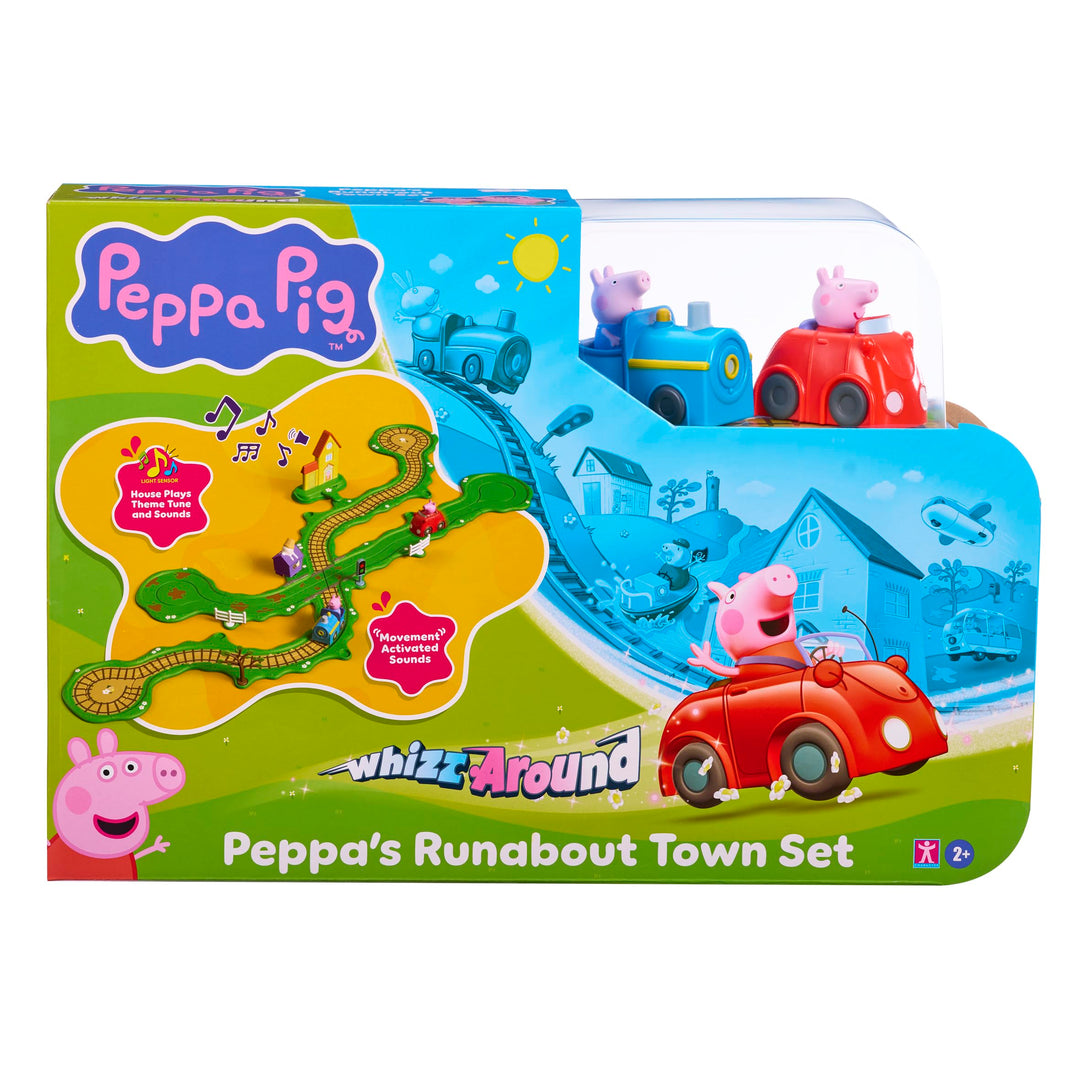 Peppa Wutz Whizz Around Spielset Flotte Stadt – Motorisierte Fahrzeuge mit Schienen &amp; Strasse, Elekt