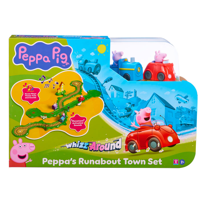 Peppa Wutz Whizz Around Spielset Flotte Stadt – Motorisierte Fahrzeuge mit Schienen &amp; Strasse, Elekt