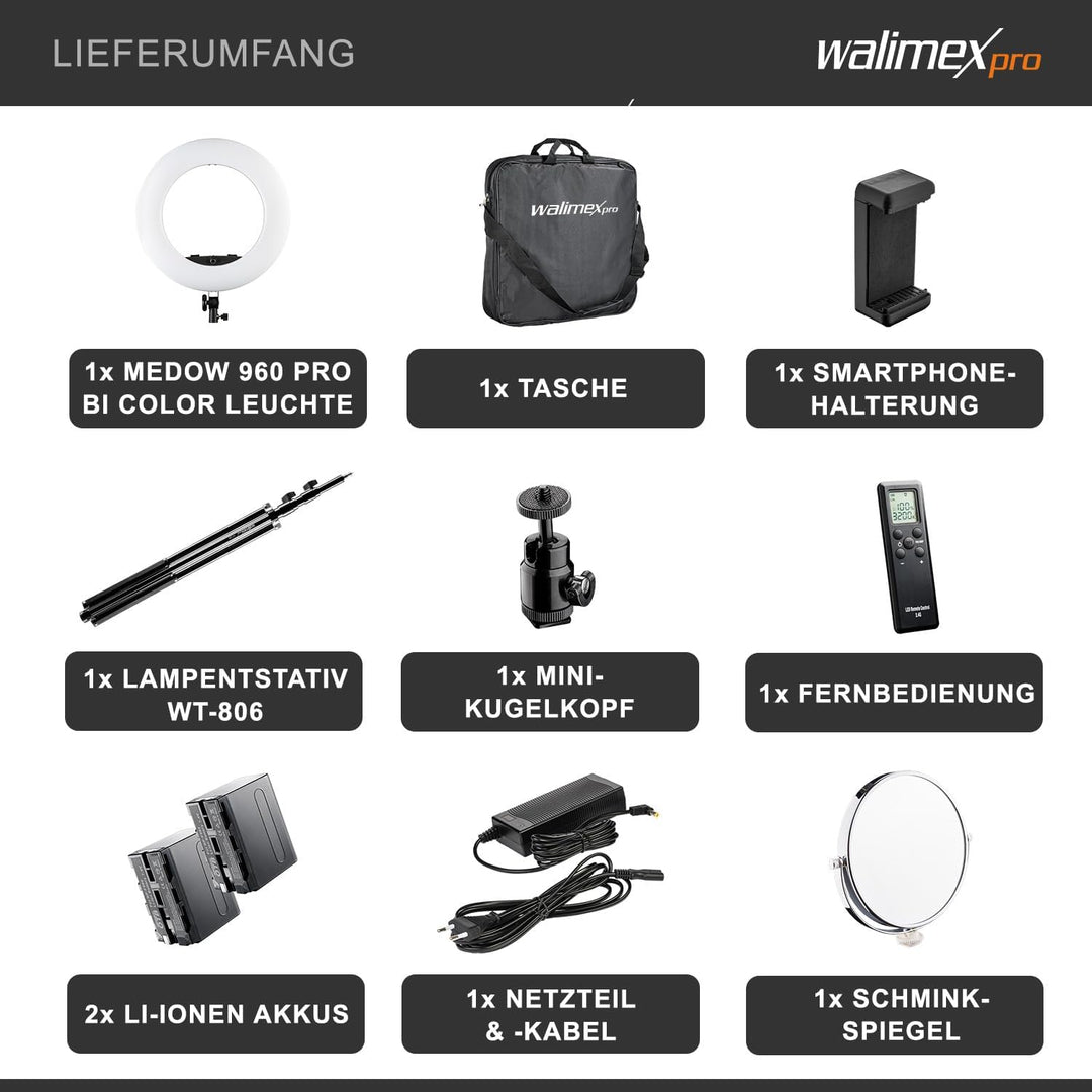 Walimex pro dimmbares LED Ringlicht mit Stativ & 2 Akkus und Ladegerät I Medow 960 Pro Bi Color I 96