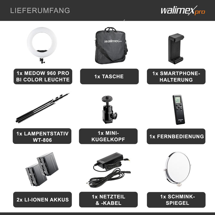 Walimex pro dimmbares LED Ringlicht mit Stativ & 2 Akkus und Ladegerät I Medow 960 Pro Bi Color I 96