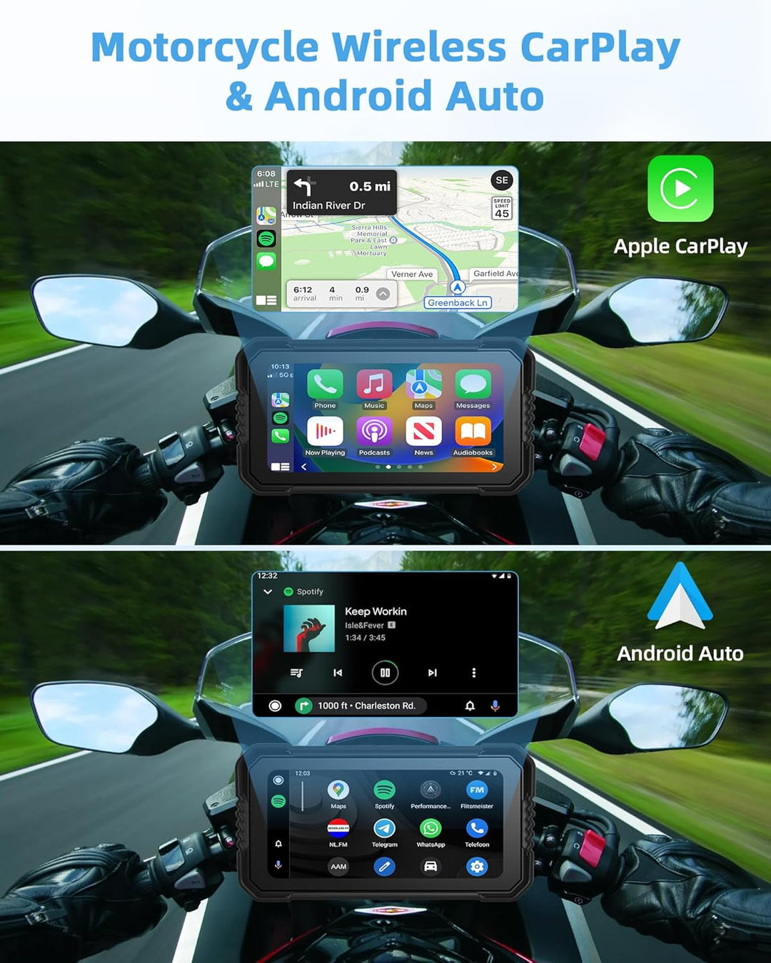 4K Motorrad CarPlay Android Auto mit Dashcam Vorne Hinten, 6,25 Zoll Carplay Bildschirm GPS Dashcam