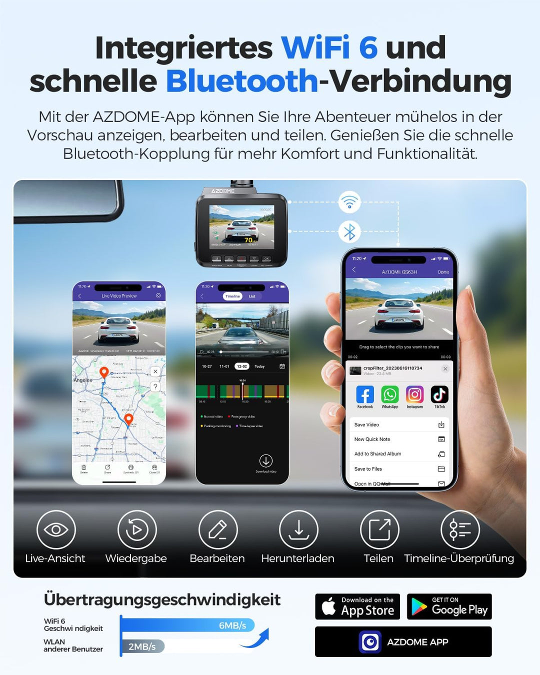 AZDOME Autokamera mit 4K Auflösung, WiFi Dashcam mit GPS und Loop-Aufnahme, Dash Cam mit 170° Weitwi