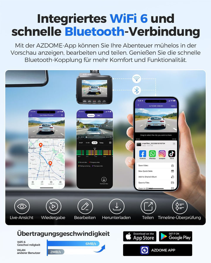 AZDOME Autokamera mit 4K Auflösung, WiFi Dashcam mit GPS und Loop-Aufnahme, Dash Cam mit 170° Weitwi