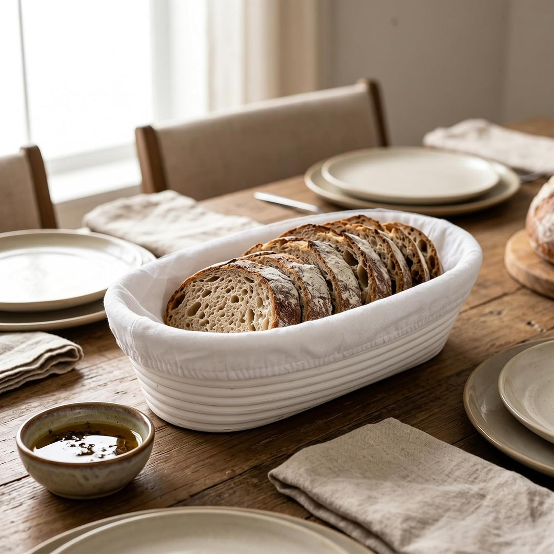 SINJEUN 2er Set Gärkorb Oval 30 cm und 35 cm, Rattan Brotkorb mit Leinentuch für Brot Backen, Küche,