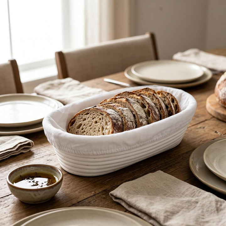 SINJEUN 2er Set Gärkorb Oval 30 cm und 35 cm, Rattan Brotkorb mit Leinentuch für Brot Backen, Küche,