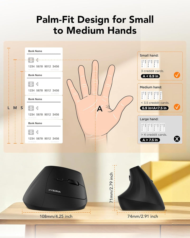 KYSONA 57° Ergonomische Kabellose Tower Maus, Vertikale Leise Ergo Maus, Bluetooth (BT5.0,BT3.0)&2.4