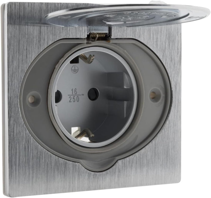 Schuko Bodensteckdose 16 A, gebürstetes Aluminium-Finish, IP44 mit Installationsbox