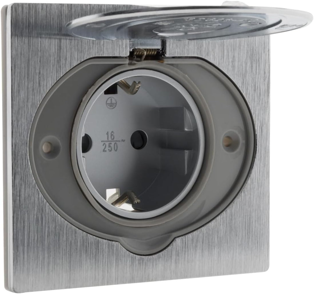 Schuko Bodensteckdose 16 A, gebürstetes Aluminium-Finish, IP44 mit Installationsbox