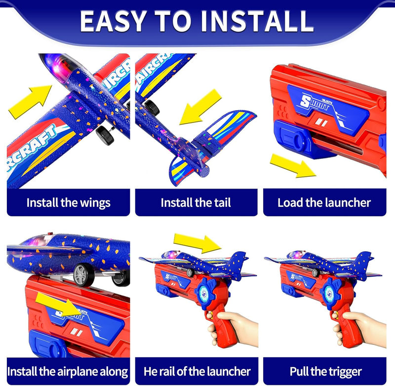 Doloowee 4 IN 1 Airplane Launcher Spielzeug, LED-Schaum Gleiter Flugzeug Katapult, 3 Flugmodi, Outdo