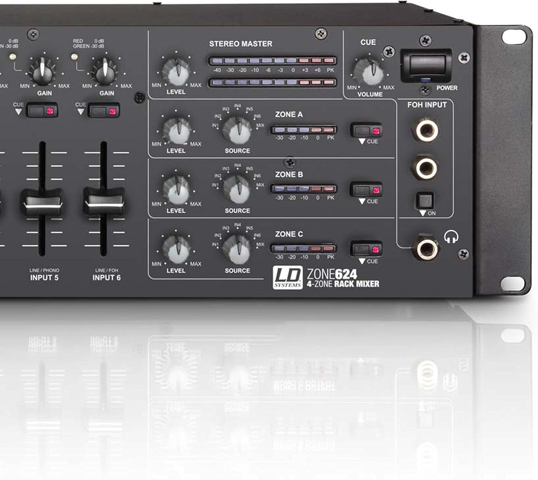 LD Systems ZONE 624-19" 4-Zonen Mixer mit 2 Mikrofonkanälen und 3HE, schwarz 4-Zonen Mixer 3HE, 4-Zo