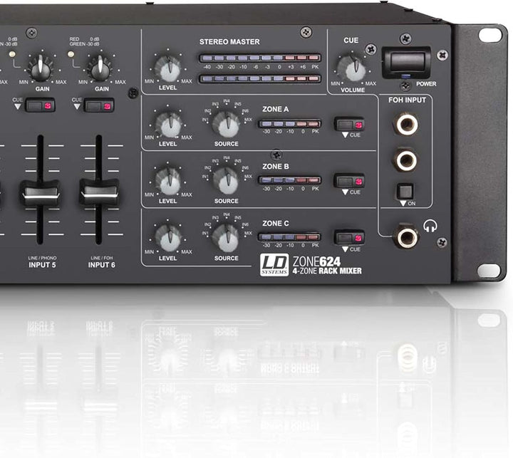 LD Systems ZONE 624-19" 4-Zonen Mixer mit 2 Mikrofonkanälen und 3HE, schwarz 4-Zonen Mixer 3HE, 4-Zo
