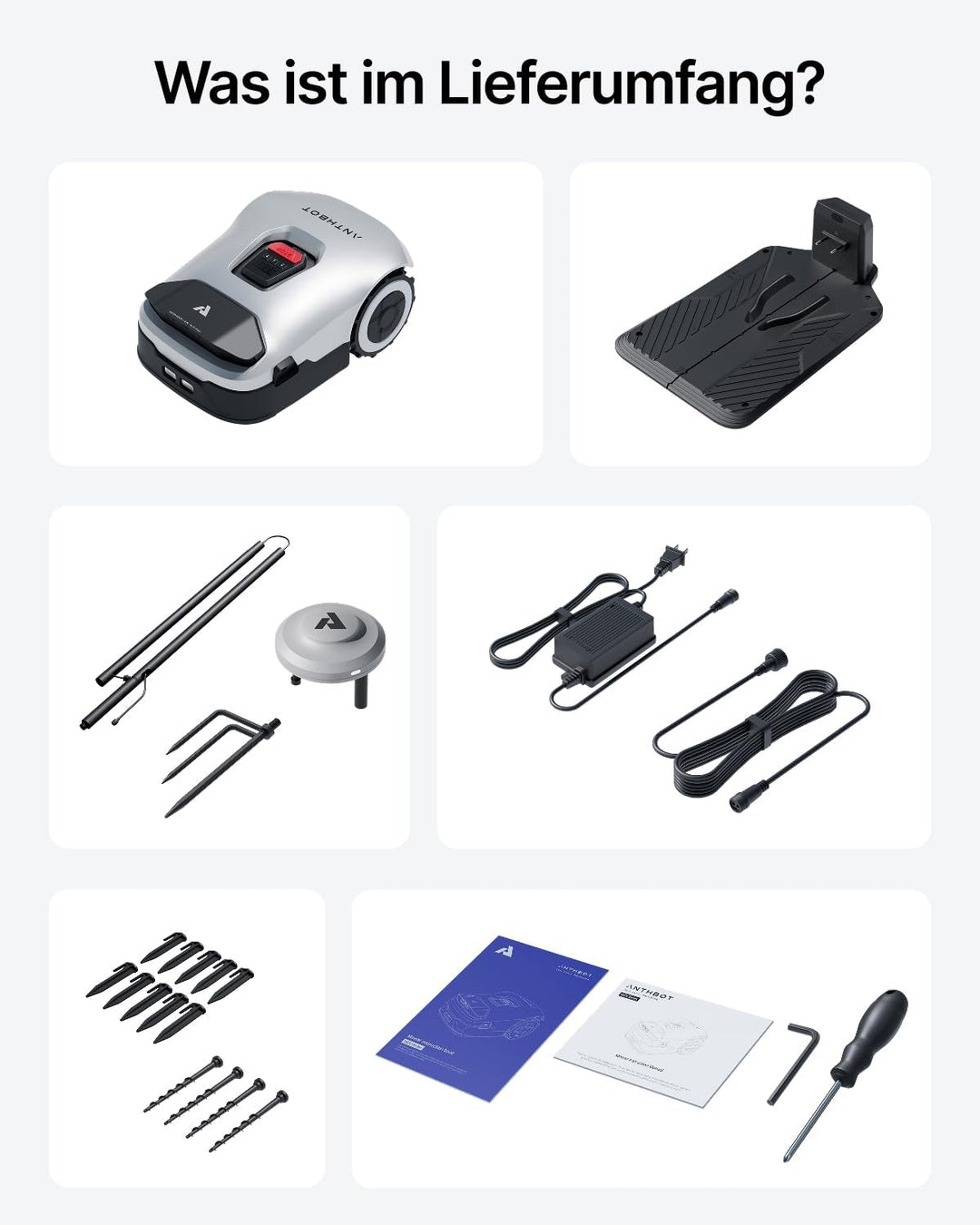 ANTHBOT Genie 1000 Mähroboter Set mit Garage, ohne Begrenzungskabel, Empf. 1050 m², Max. 1950 m², Ra