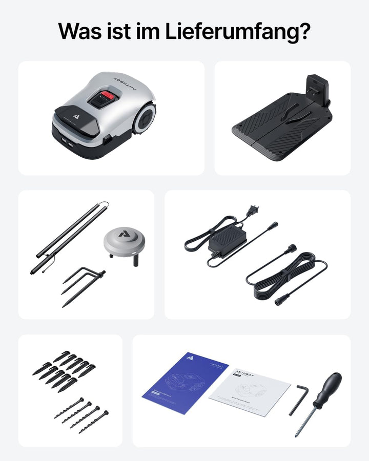 ANTHBOT Genie 1000 Mähroboter Set mit Garage, ohne Begrenzungskabel, Empf. 1050 m², Max. 1950 m², Ra