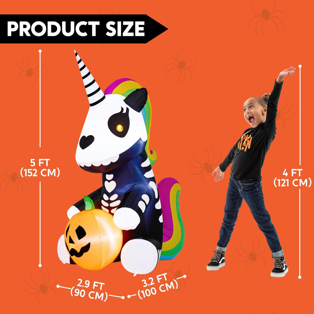 Joiedomi Aufblasbares Halloween-Skelett-Einhorn, 152 cm, aufblasbar, mit eingebauten LEDs, aufblasba
