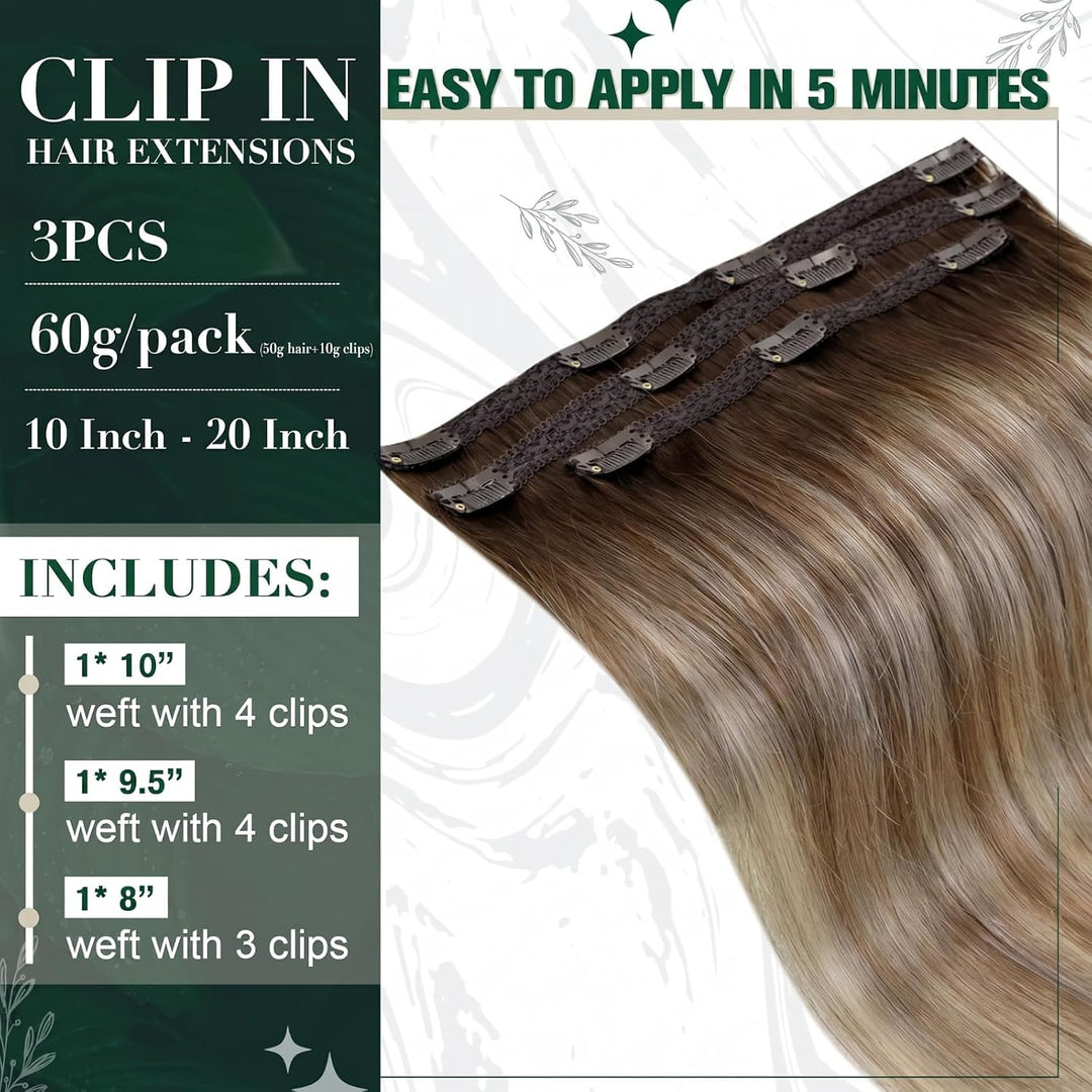 RUNATURE Echthaar Extensions Clip Balayage Braun Blond 25cm 3Pcs Clip in Extensions Echthaar Balayag