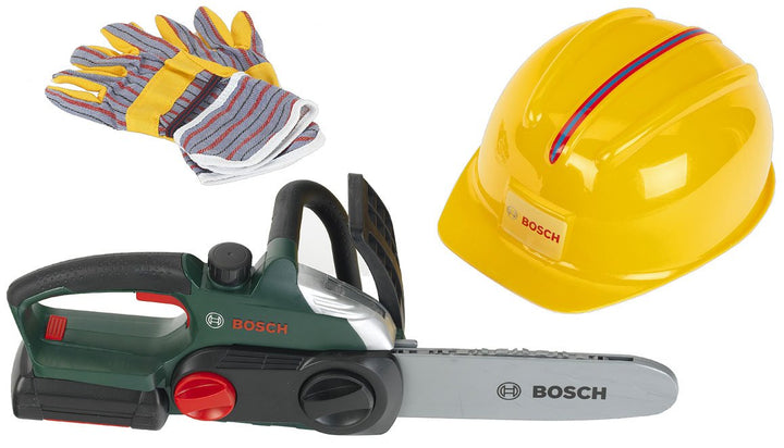 Theo Klein 8456 Bosch Werker-Set I Robuste Kettensäge mit Licht und Sound I Hochwertiger Helm und Ar