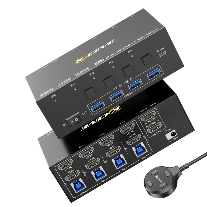 KVM Switch 2 Monitore 4 PC, KCEVE 8K@60Hz, 4K@144 Hz USB 3.0 HDMI KVM-Umschalter mit EDID-Emulator f