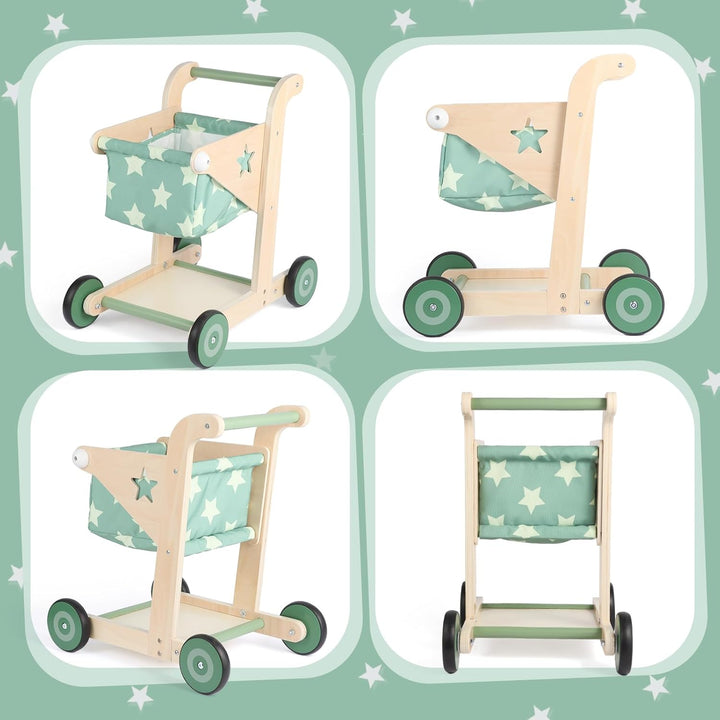Asweets 2-in-1 Lauflernwagen Holz, Puppenwagen zum Schieben und Ziehen, Baby Walker, Kleinkindspielz