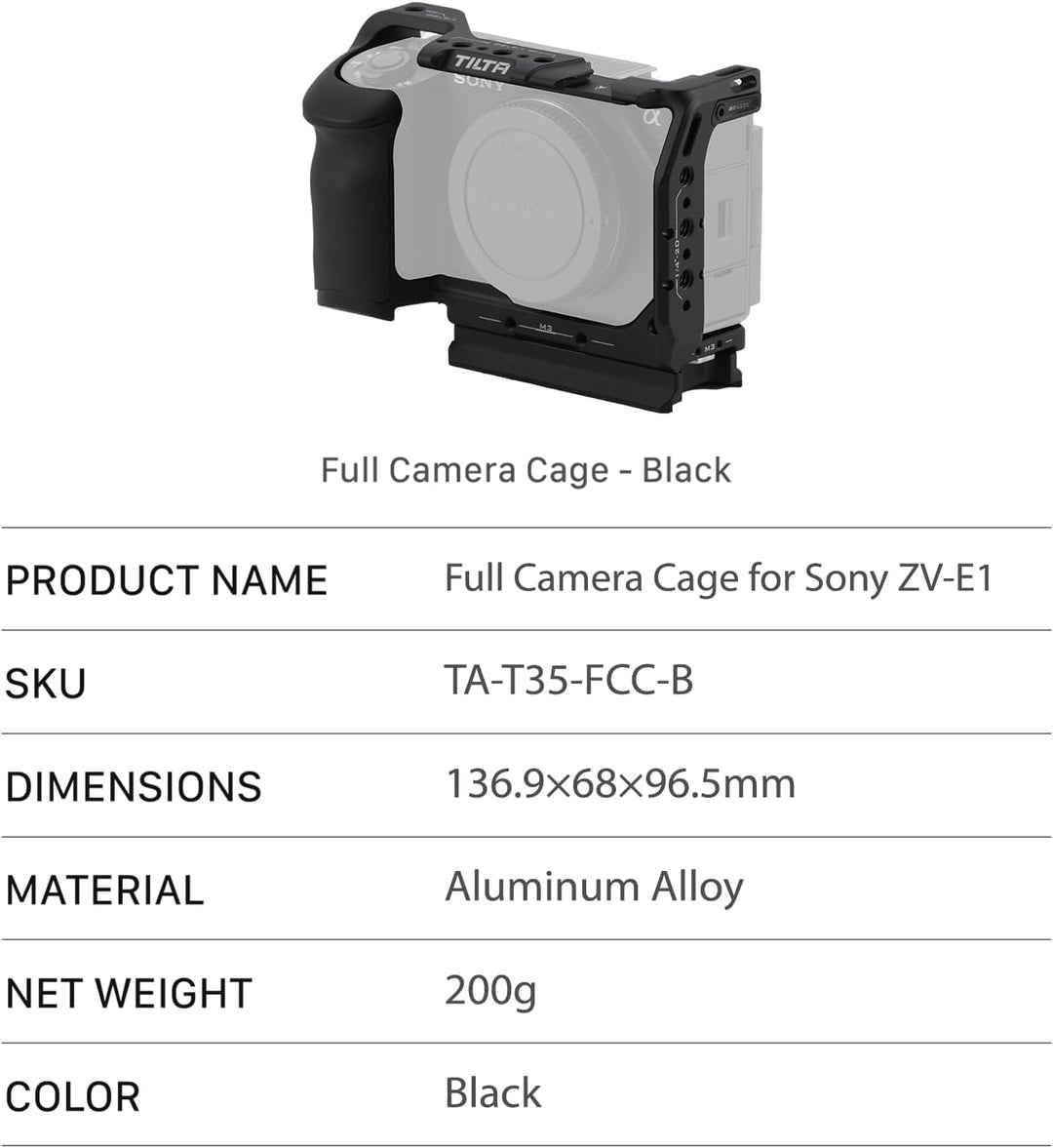 Tilta ZV-E1 Cage, kompletter Kamerakäfig, kompatibel mit Sony ZV-E1 mit integriertem Handgriff Hohe