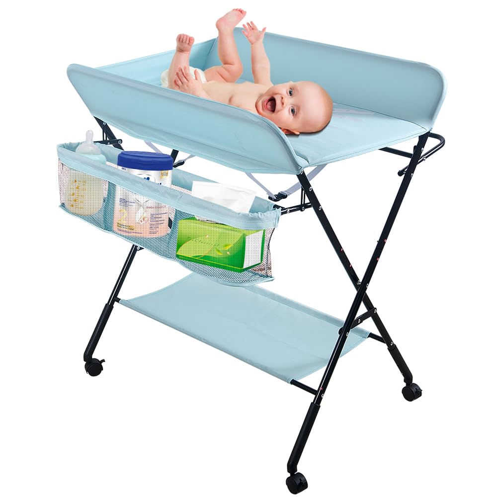 Baby Wickelkombi - klappbare Wickelkommode, mobiler Wickeltisch mit Wickelauflage, Sicherheitsgurt u
