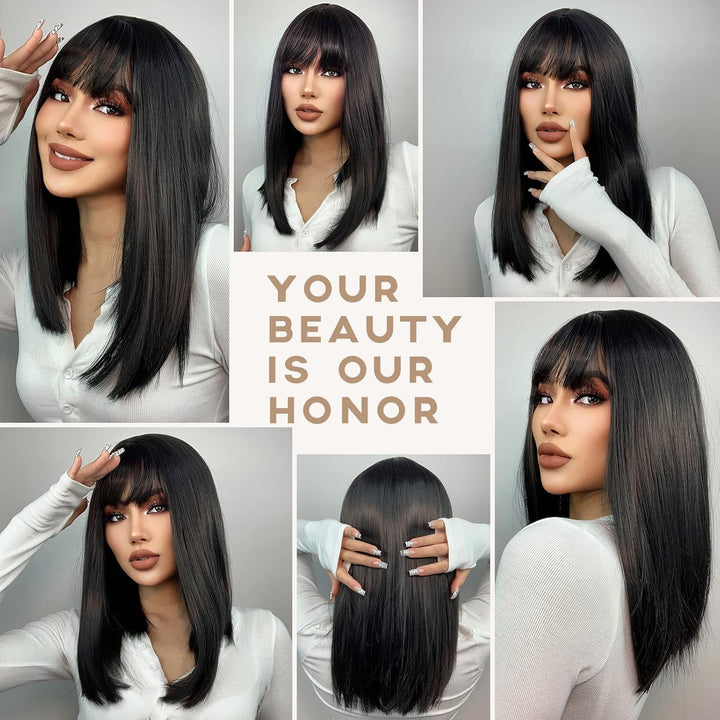 HAIRCUBE Schulterlang Gerade Kurze Perücken Schwarze Perücke Synthetische Perücken mit Pony Welle Ha