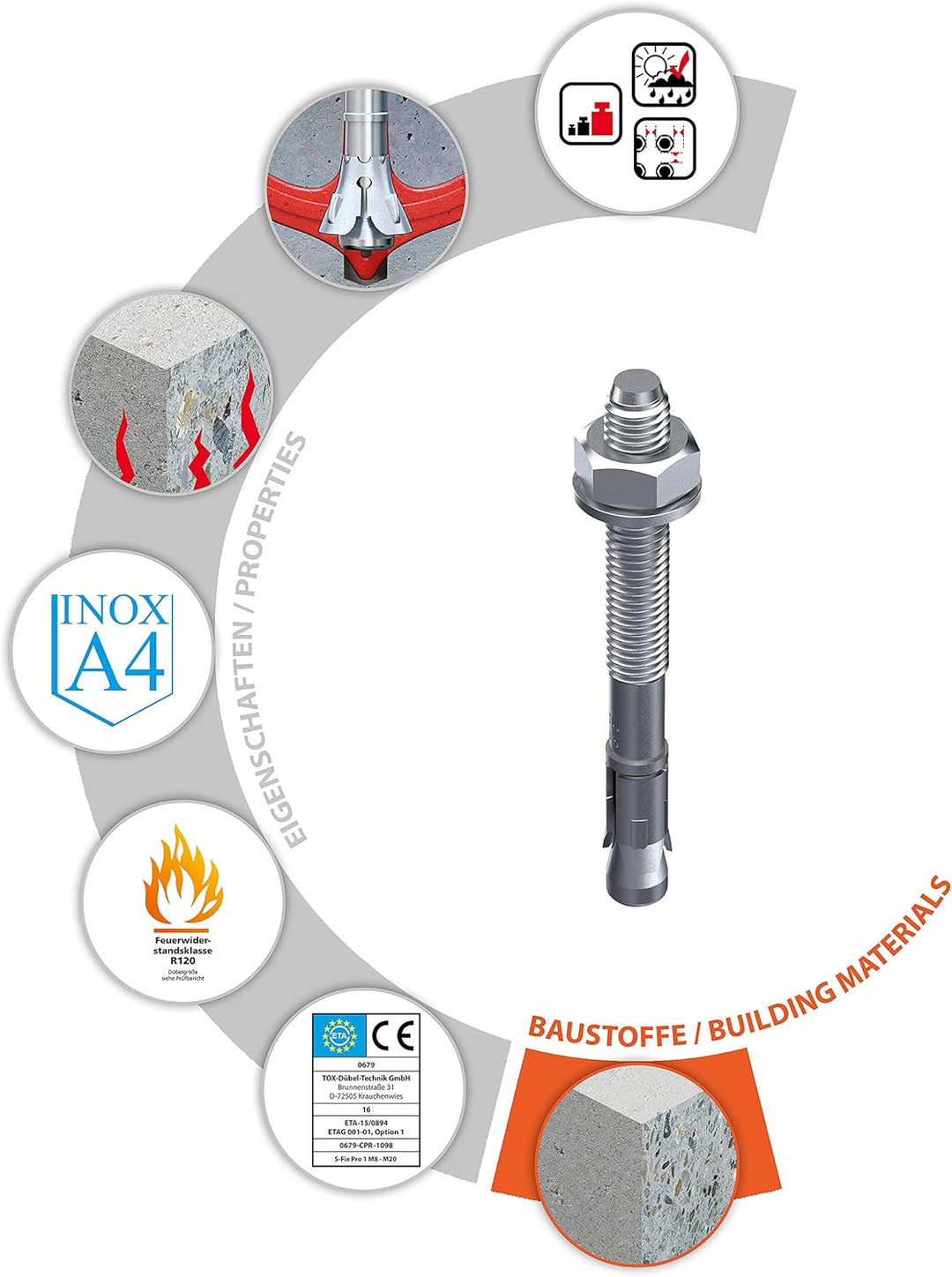 TOX Bolzenanker S-Fix Pro 1 A4 M8x90/25, Schwerlastanker für gerissenen und ungerissenen Beton, im I