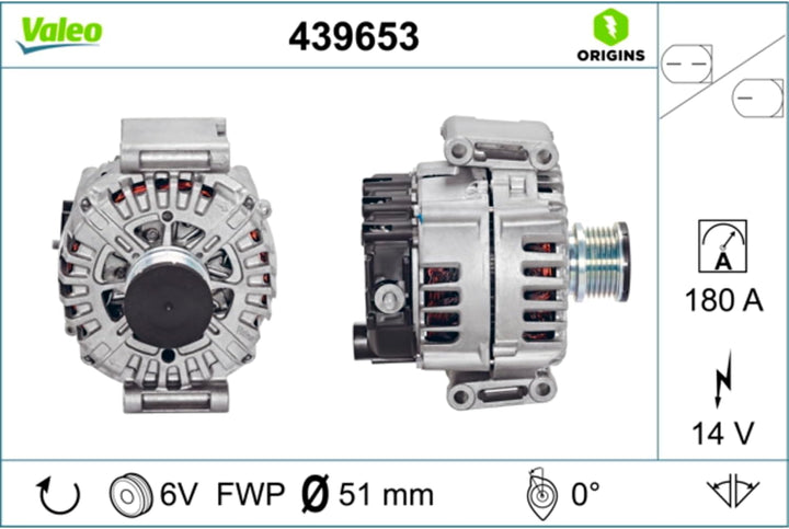 VALEO 439653 Generator Ladestrom des Generators: 180 Amp Rippen: 6 rippen Riemenscheibe Ø: 51 mm Spa