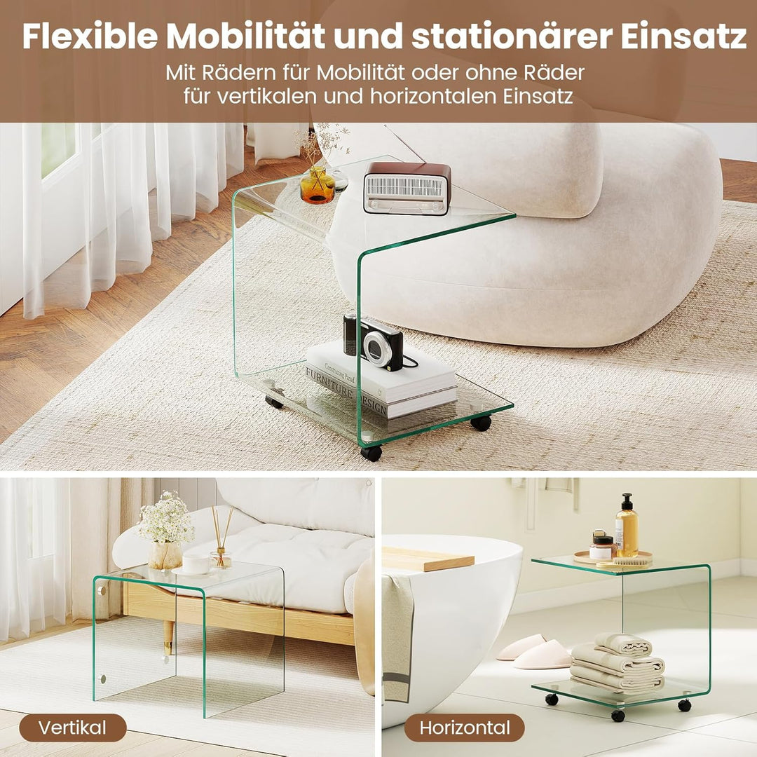 COSTWAY Beistelltisch aus gehärtetem Glas mit Rollen, Glastisch C-Form, Nachttisch, Sofatisch, Kaffe