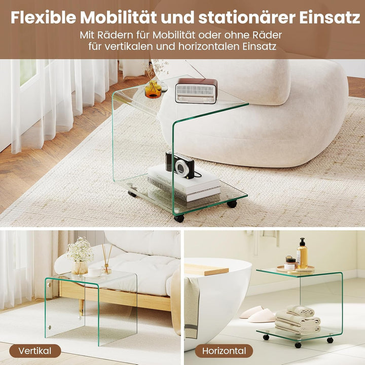 COSTWAY Beistelltisch aus gehärtetem Glas mit Rollen, Glastisch C-Form, Nachttisch, Sofatisch, Kaffe