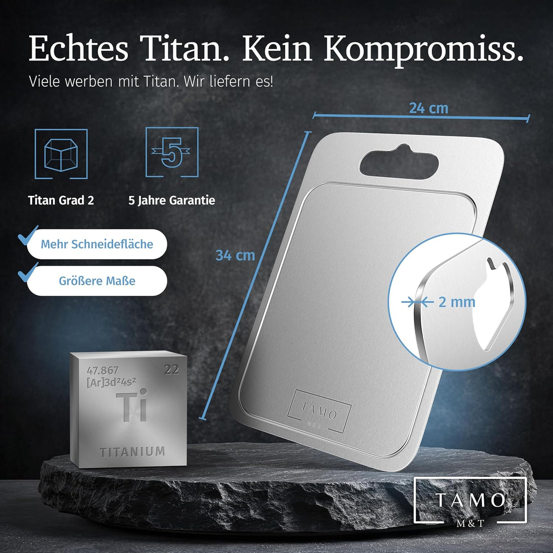 TAMO Titan Schneidebrett, mit Saftrille, aus 100% reinem Titan, hygienisch, antibakteriell & langleb