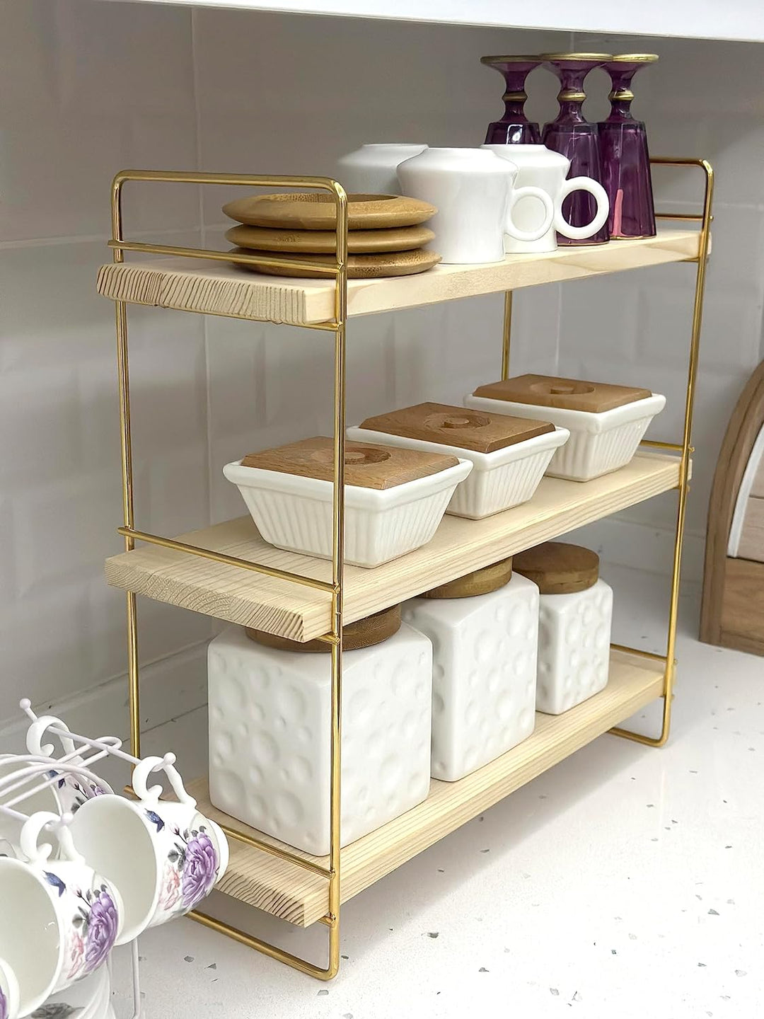 Ndeko Arbeitsplatte Regal aus Holz und Metall Gold mit 3 Ablagen, Badregal, Holzregal, Regalbrett Or