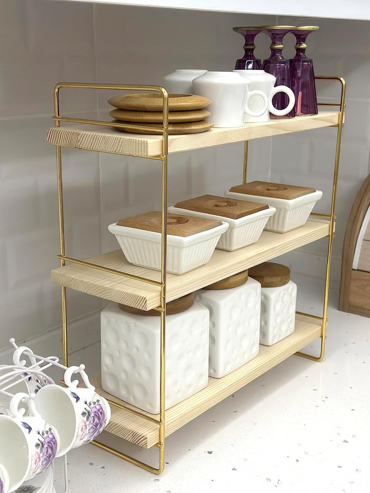 Ndeko Arbeitsplatte Regal aus Holz und Metall Gold mit 3 Ablagen, Badregal, Holzregal, Regalbrett Or