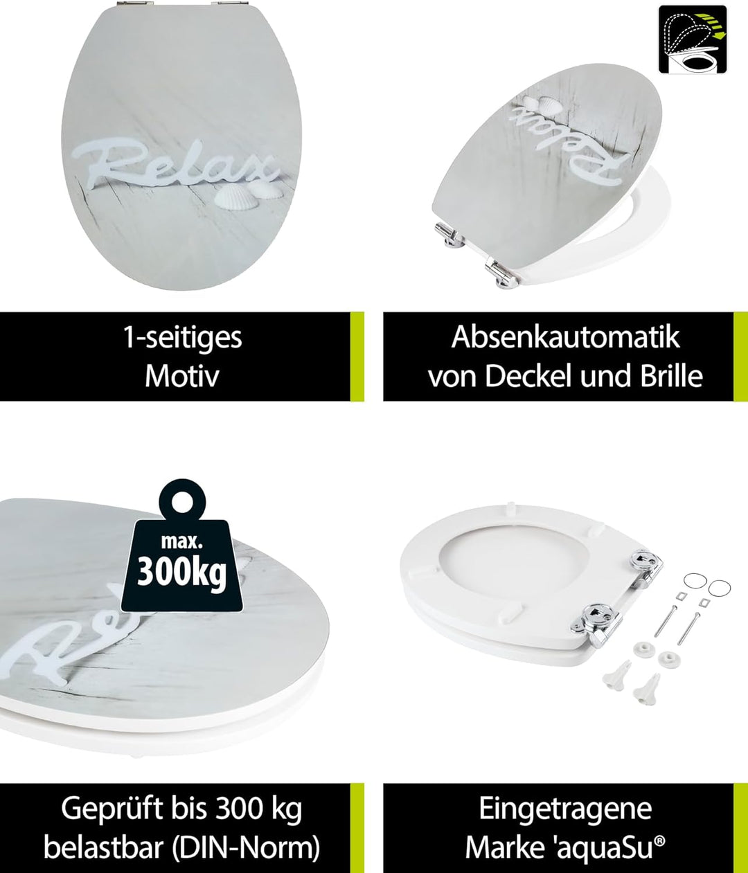 SITZPLATZ® WC-Sitz mit Absenkautomatik, Wellness Dekor Relax, High Gloss Toilettensitz mit Holz-Kern