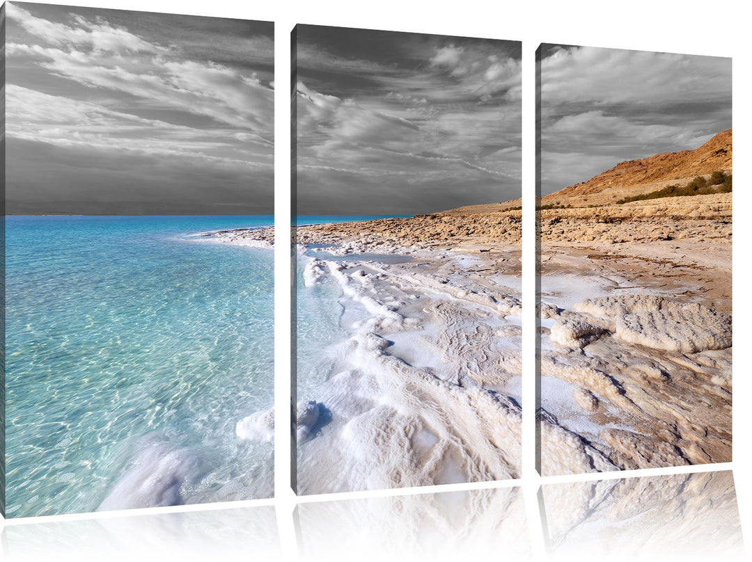 Pixxprint Das Tote Meer bei Tag Schwarz/Weiss 3-Teiler Leinwandbild 120x80 Bild auf Leinwand