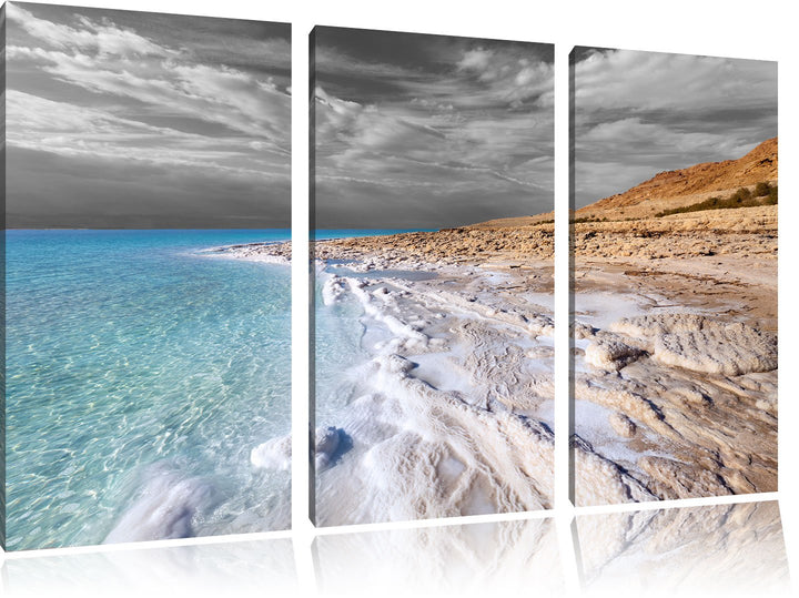 Pixxprint Das Tote Meer bei Tag Schwarz/Weiss 3-Teiler Leinwandbild 120x80 Bild auf Leinwand