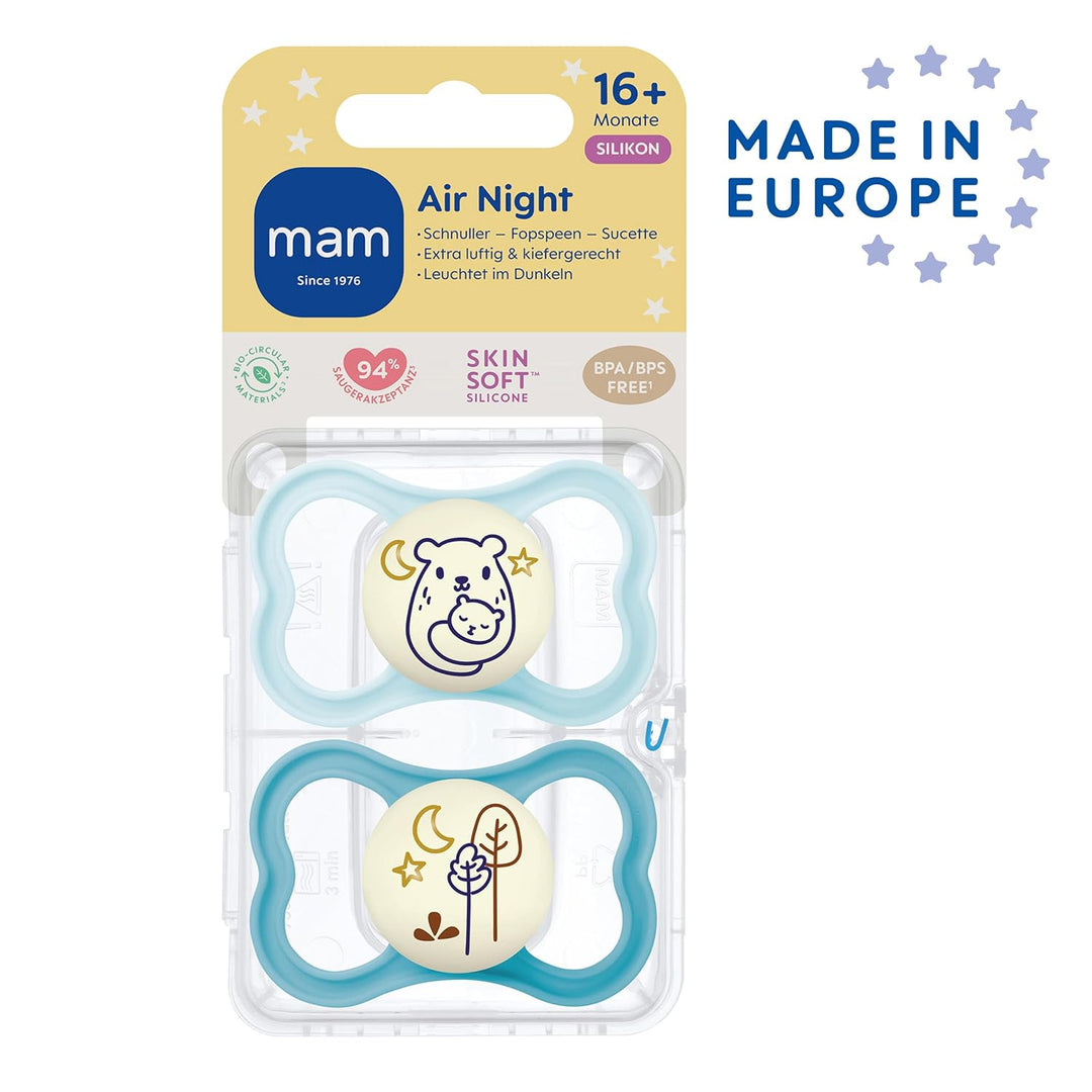 MAM Air Night Silikon Schnuller im 2er-Set, zahnfreundlicher und leuchtender Baby Schnuller, extra l