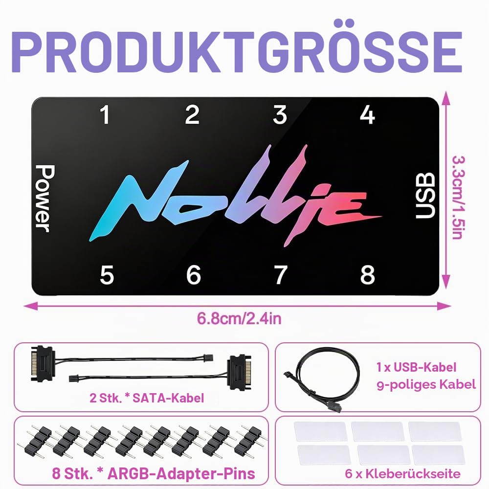 8-Port RGB Controller, ARGB Controller Sata Gespeister, 5V 3Pin ARGB Splitte, PC Beleuchtungs Hub