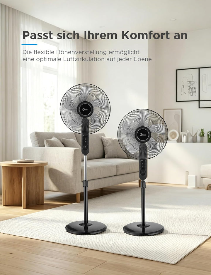 Midea FS40-15FR Standventilator Leise mit Fernbedienung,3 Geschwindigkeitsstufen,LED Anzeige, 7,5H T