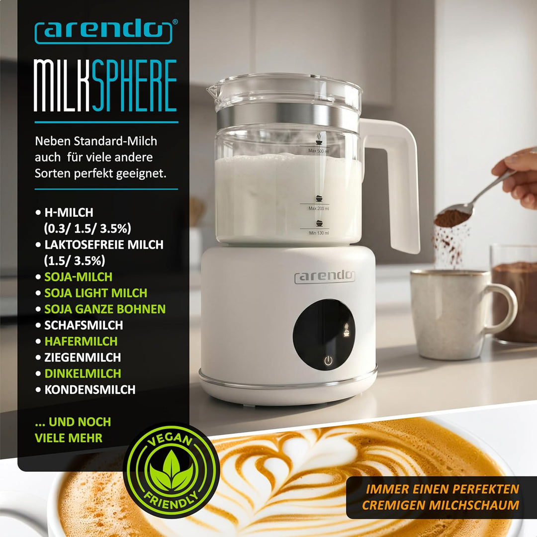 Arendo – Milchaufschäumer elektrisch – 600 Watt Heizelement – 500 ml – 6 Automatikprogramme – Milchs