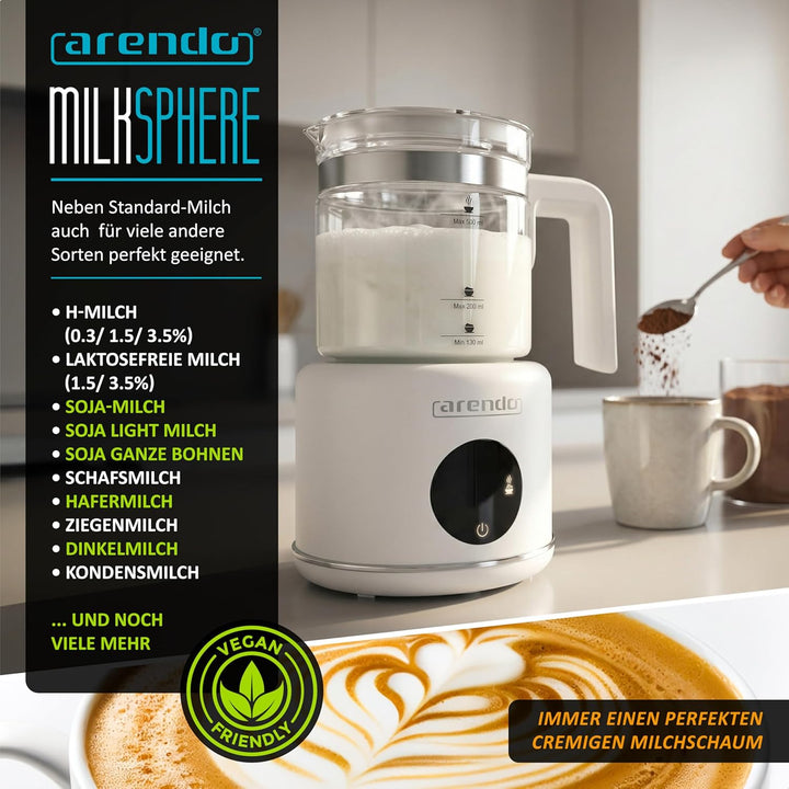 Arendo – Milchaufschäumer elektrisch – 600 Watt Heizelement – 500 ml – 6 Automatikprogramme – Milchs