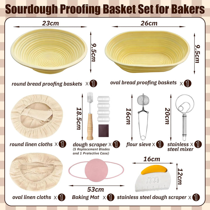 Silikon Brot Gärkorb Set (23cm rund & 25cm oval) – Sauerteig-Gärkorb Inkl. Teigschaber, Rostmesser &