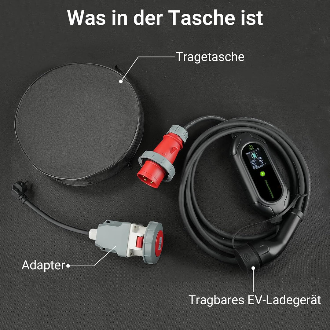 11kW Mobile EV Ladestation 5 m 3-phasig Typ 2 Ladekabel 6-16A verstellbar, CEE16A Wasserdicht Auto L