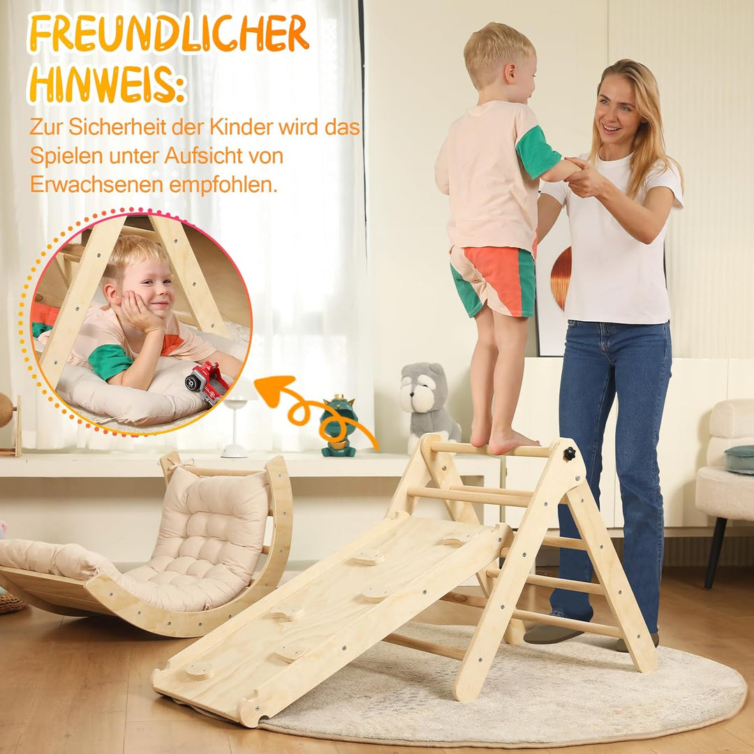 7-in-1 Montessori Kletterdreieck Set mit Rutsche, Kletterbogen & weichem Kissen – Holz Klettergerüst