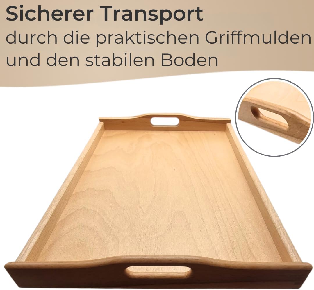 Premium Holz-Tablett Serviertablett Buche Natur lackiert Made in Germany, gross - 60 x 39 cm, Frühst
