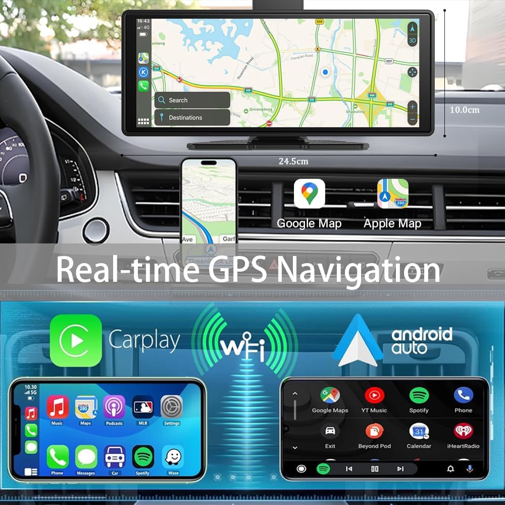 10.26" Wireless Carplay Screen 360 Rotation 4K Dash Cam Carplay/Android Auto Auto Stereo Auto Audio