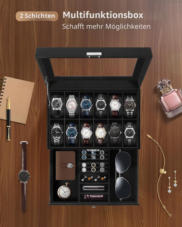 Uten Uhrenbox, 12 Fächern und 1 Schublade mit Schlüsselschloss, Glasdeckel, Schwarzes PU, Schwarzes